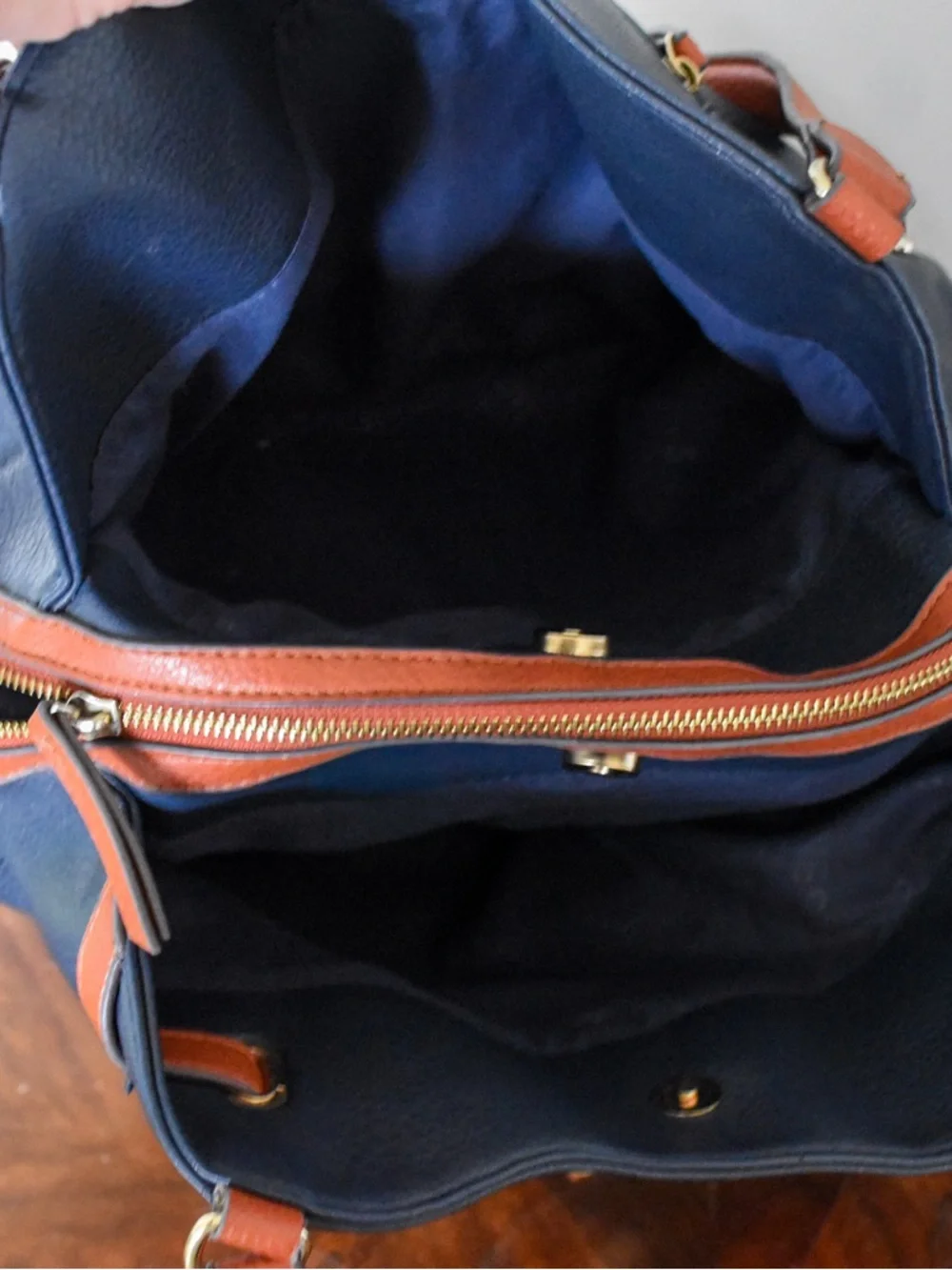 Jones New York Satchel in Cognac and Blue Top Handle w/Strap and Belted Detail - Picture 6 of 8